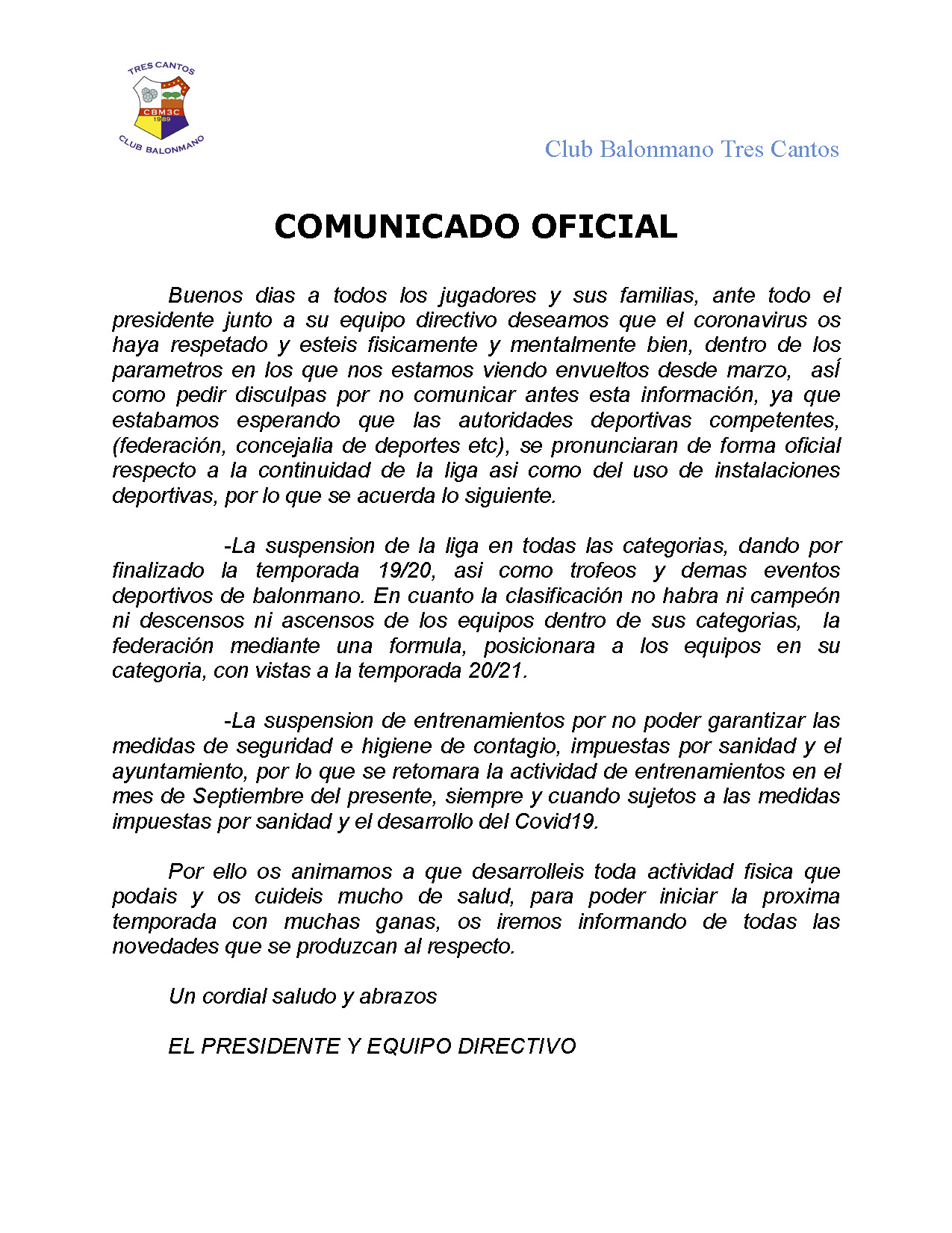 comunicado oficial de fin de temporada